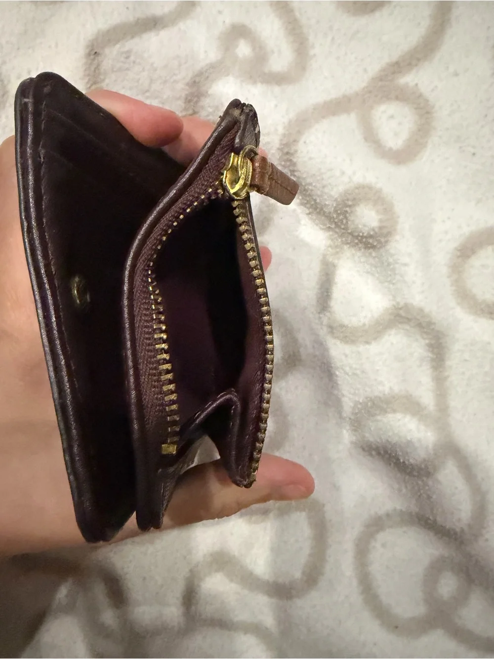 Fossil Purple Wallet with White Heart Print